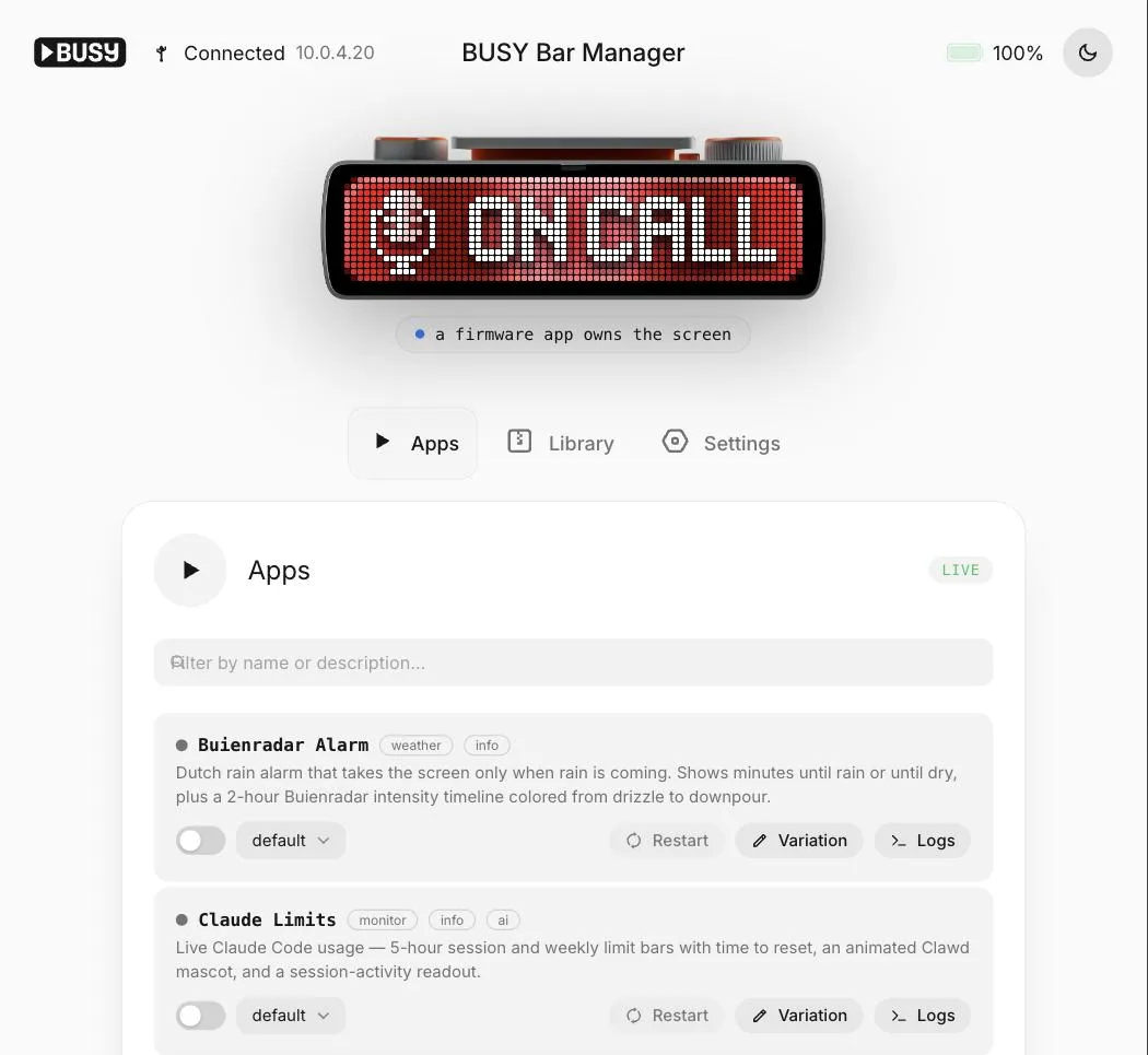 The busybar-manager dashboard: the connected bar at the top, with installed apps and per-app controls below.